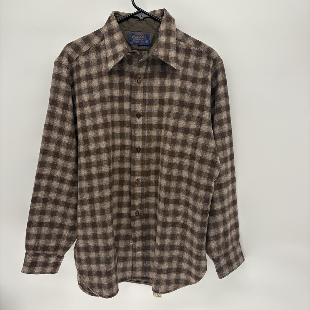 Vintage Pendleton Brown Plaid Wool Button Shirt Point Collar Western Retro Men L